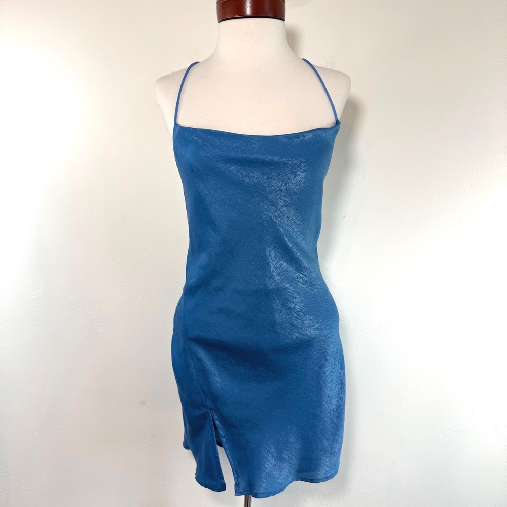 Lucy in the Sky Satin Cowl Neck ‎ Mini Dress Blue Lace Up Back Y2K Party Club XS